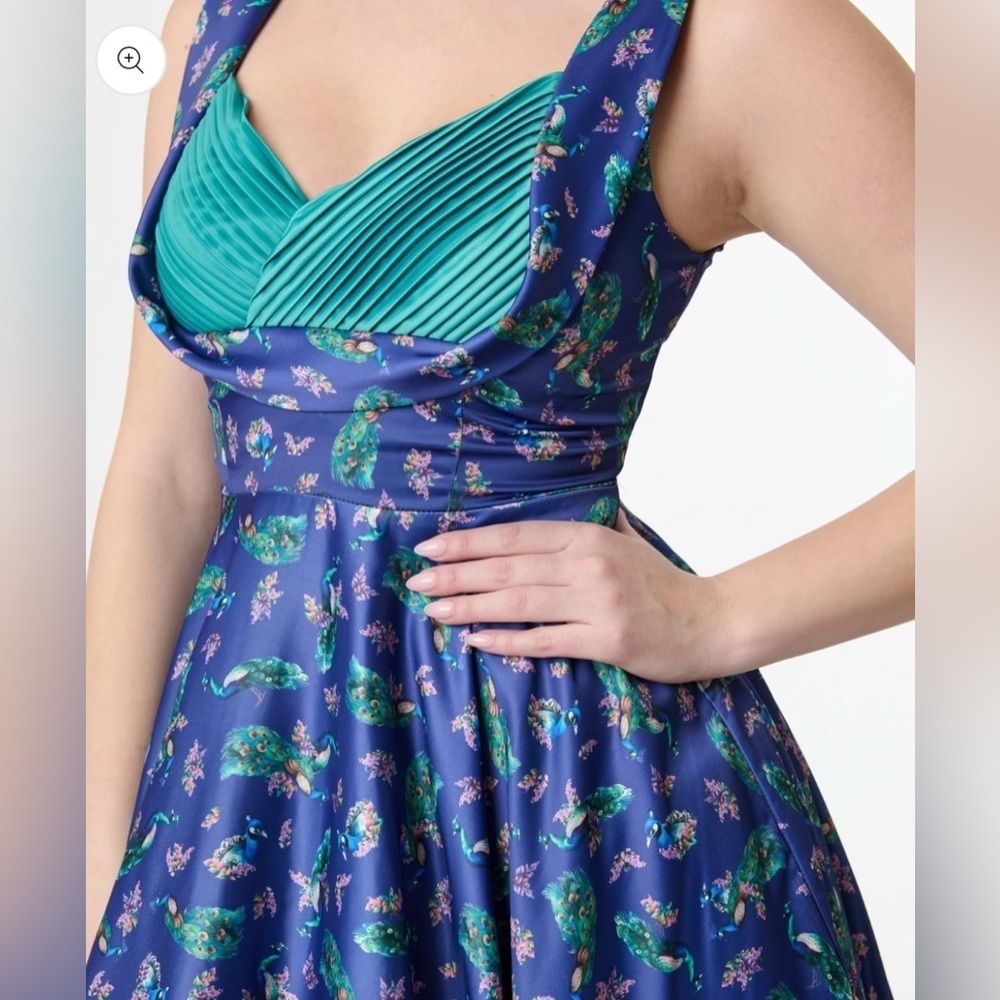 Dolly & Dotty 1950s Purple & Teal Peacock Print Grace Swing Dress Size 6 Retro - Picture 10 of 12